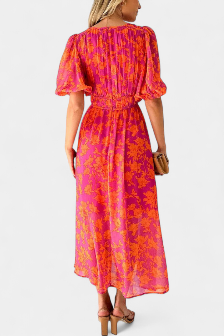 Wren Vestido Midi Floral con Escote en V y Mangas Abullonadas