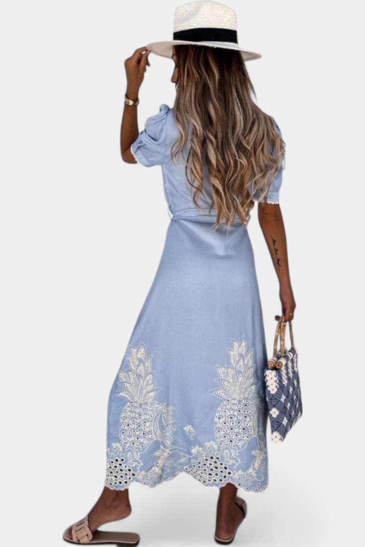 Nerea Vestido Camisero Bordado con Cinturón y Manga Abullonada