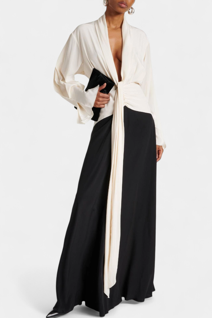 Slyune Vestido Maxi de Noche con Escote en V y Contraste