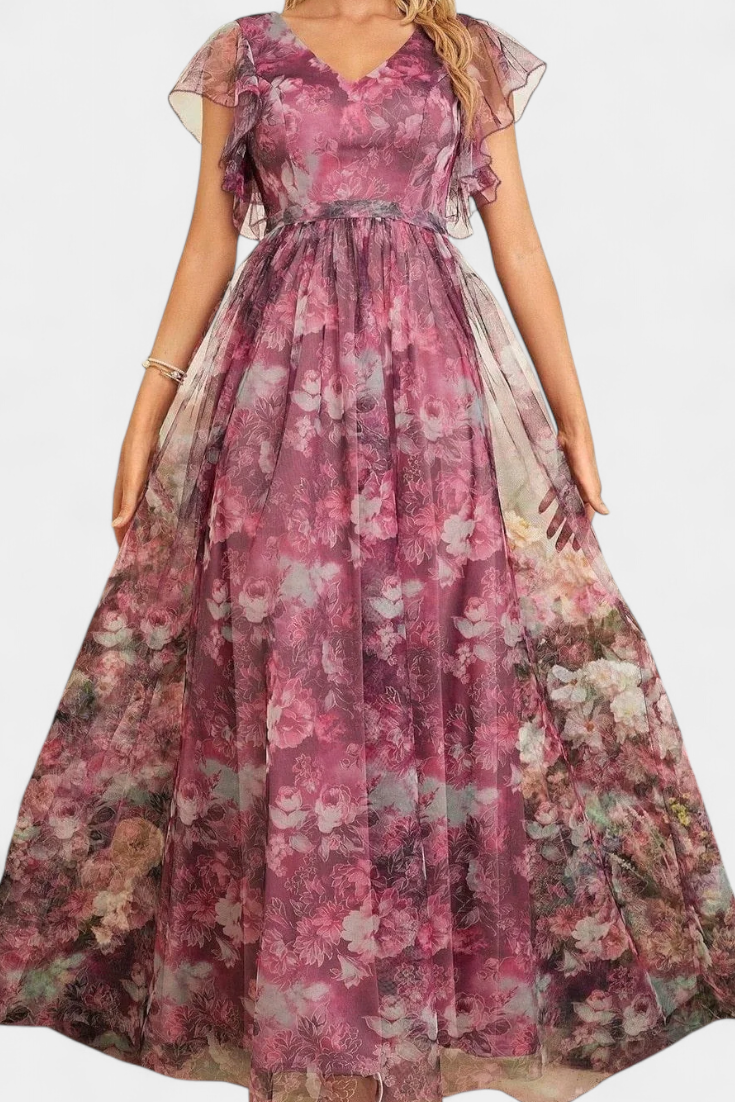 Mariana Vestido Largo Aireado de Chifón con Estampado Floral