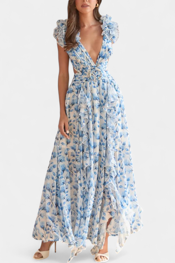 Zuleika Vestido de Chifón con Volantes y Aberturas Laterales