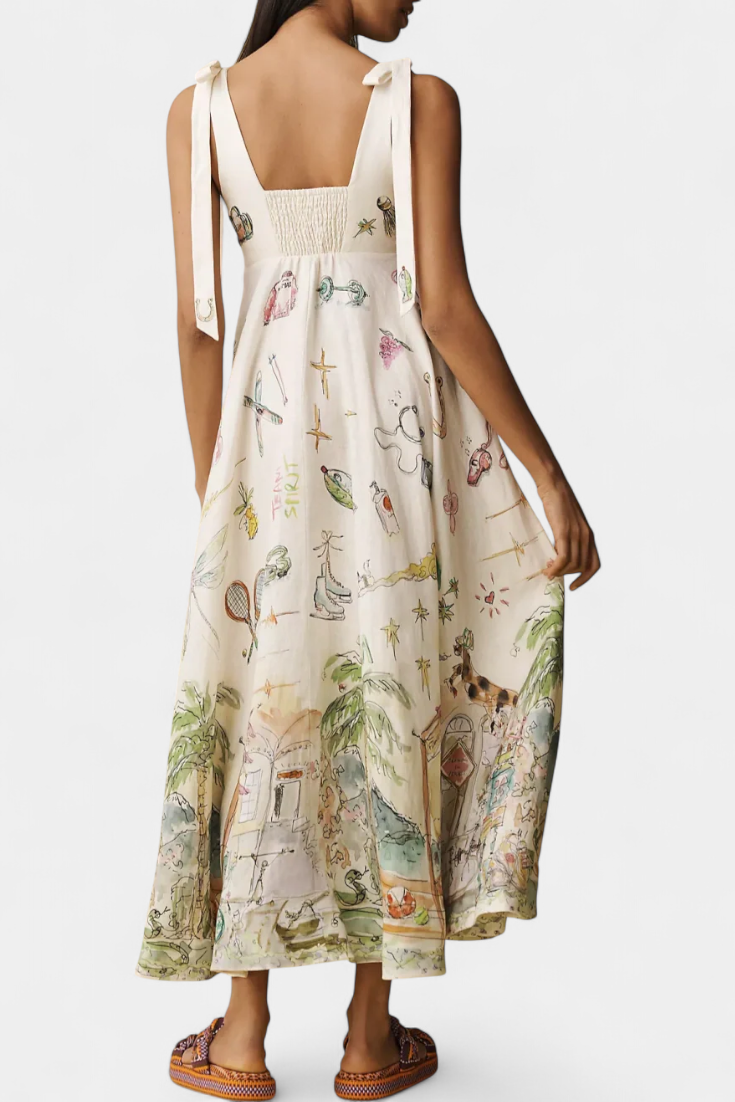 Case Vestido Largo con Cordones y Estampado Floral Fantasía