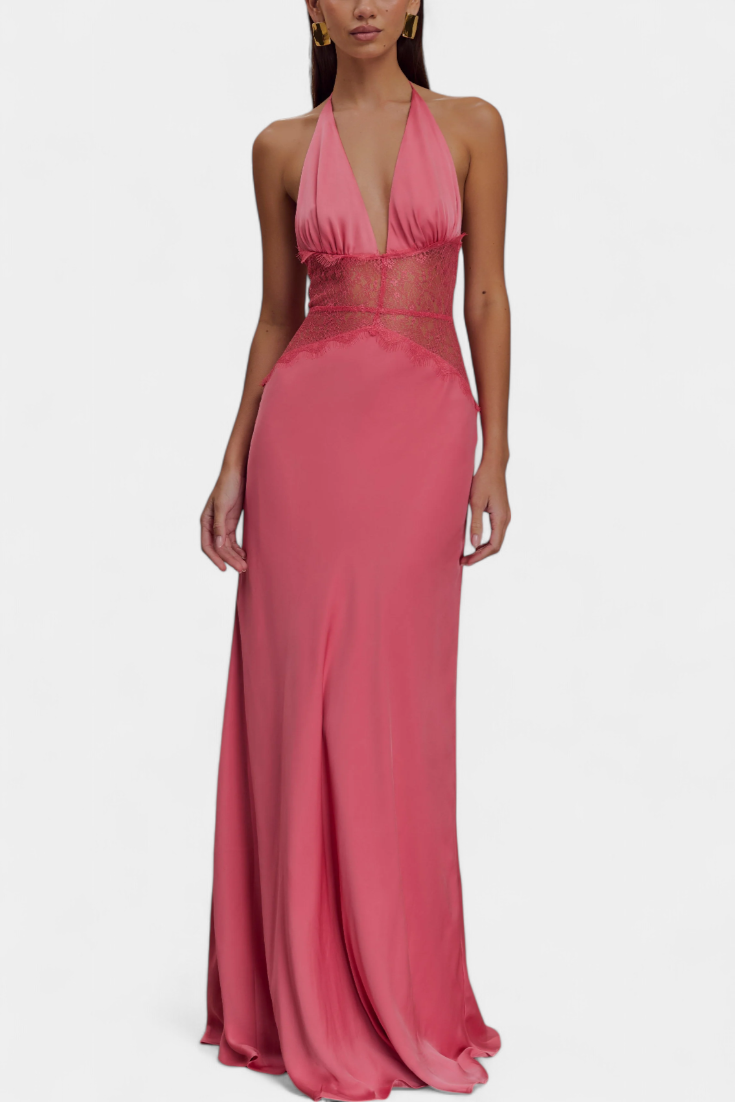 Ashanty Vestido Largo con Escote Halter y Cintura de Encaje Transparente