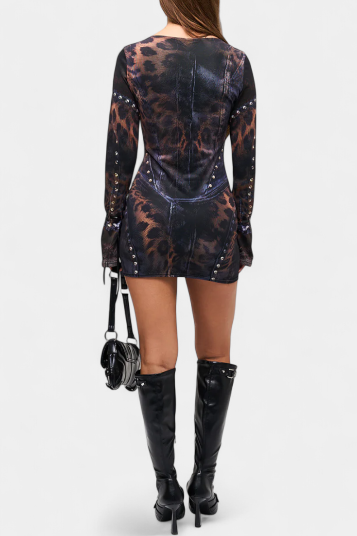 Tabea Vestido Mini con Manga Acampanada y Estampado de Ilusión