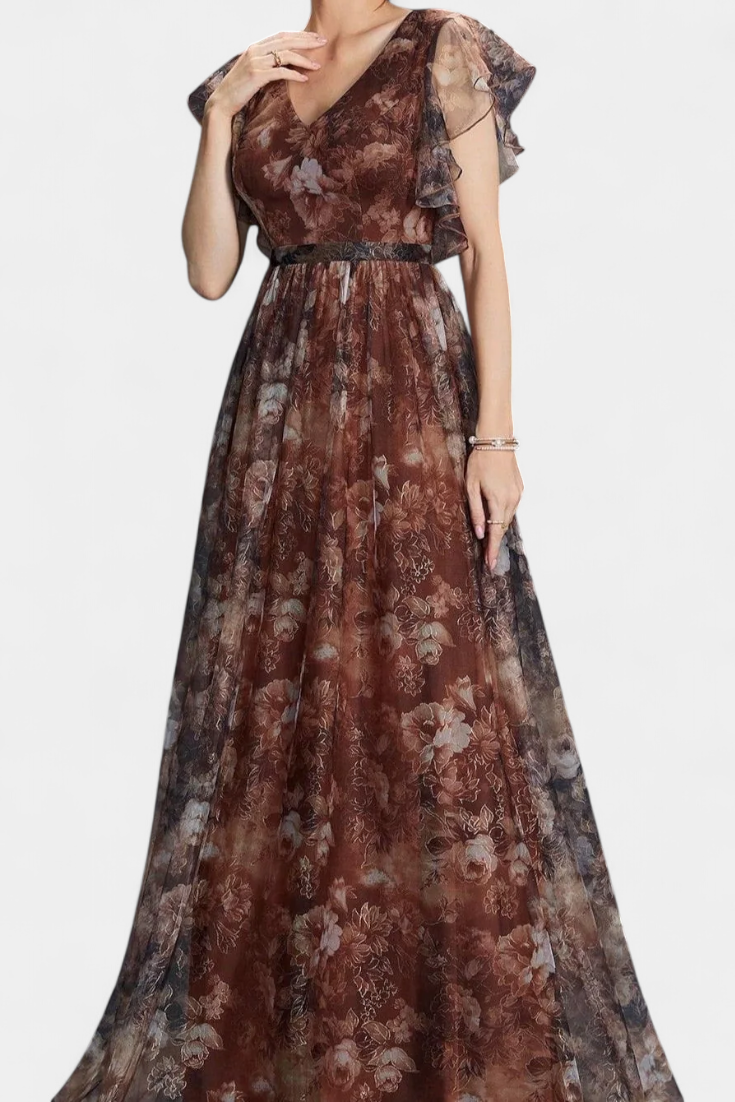 Mariana Vestido Largo Aireado de Chifón con Estampado Floral