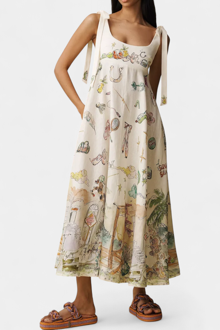 Case Vestido Largo con Cordones y Estampado Floral Fantasía