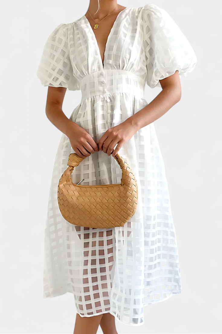 Marigold Vestido Midi de Manga Abullonada con Patrón de Cuadrados