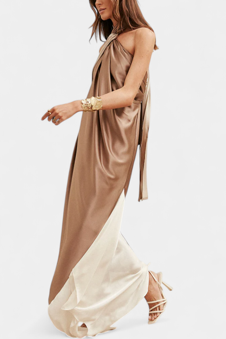 Rebecca Vestido Maxi Irregular de Color Bloque con Espalda Descubierta