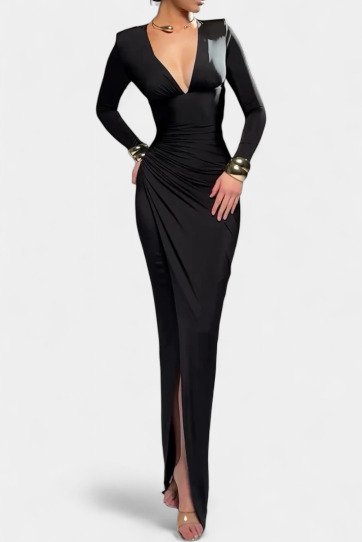 Freda Vestido de Manga Larga con Escote en V y Pliegues