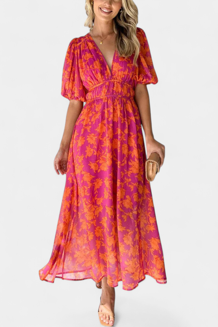 Wren Vestido Midi Floral con Escote en V y Mangas Abullonadas