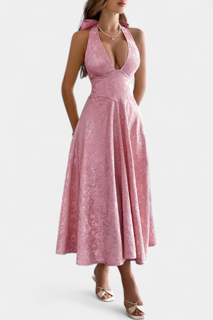 Gilda Vestido Midi Jacquard con Espalda Abierta y Cintura Alta