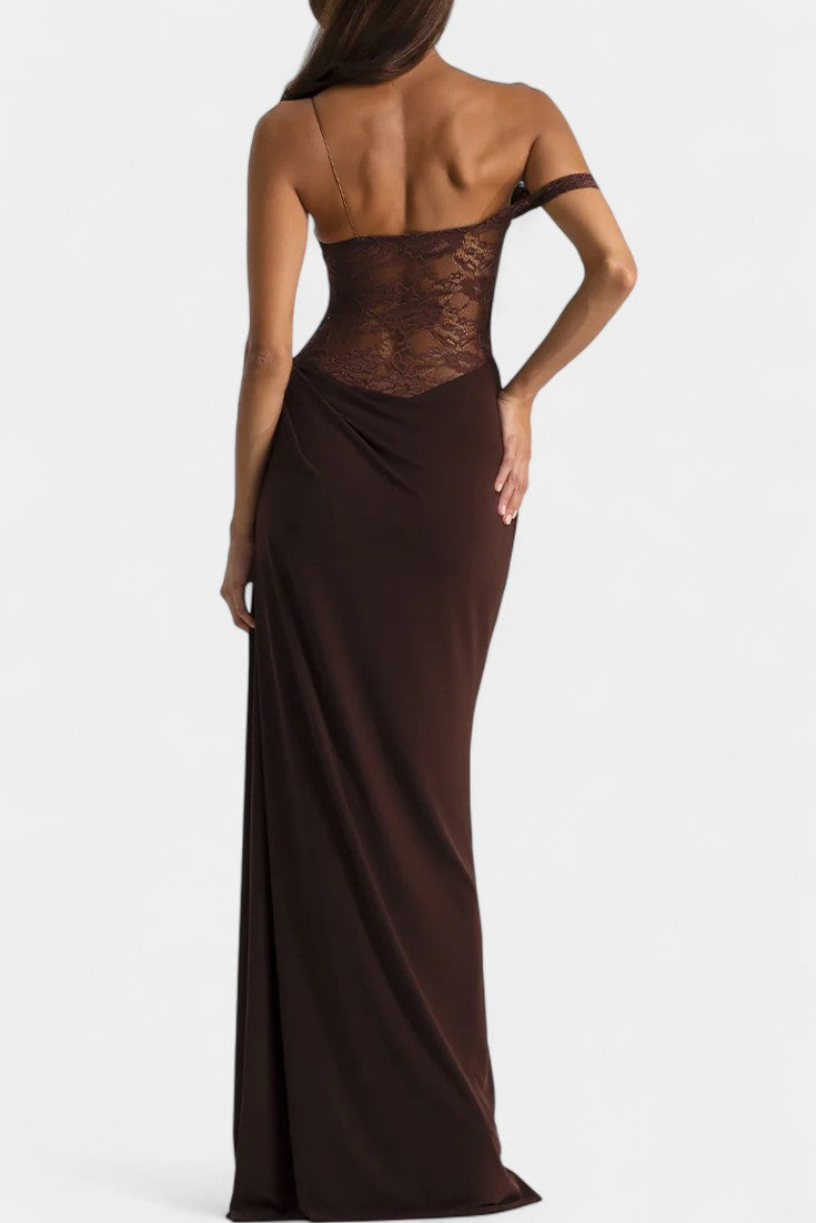 Castanza Vestido Maxi Asimétrico de Encaje con Dobladillo