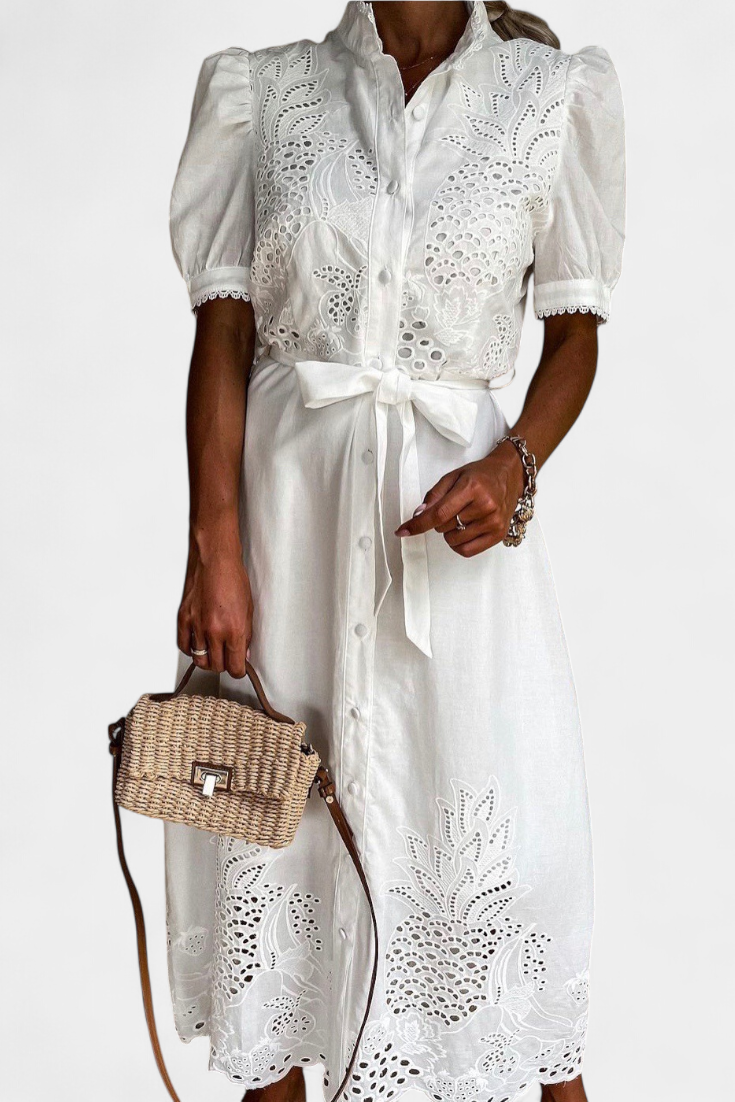 Nerea Vestido Camisero Bordado con Cinturón y Manga Abullonada