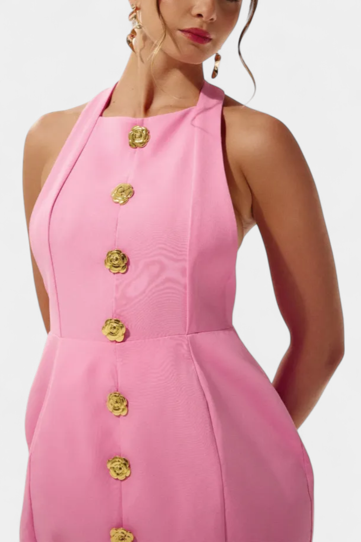 Yvonne Vestido Mini Escote Halter con Espalda Abierta y Detalle Floral