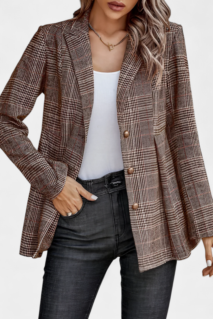 Calico Blazer Peplum a Cuadros con Solapa de Muesca