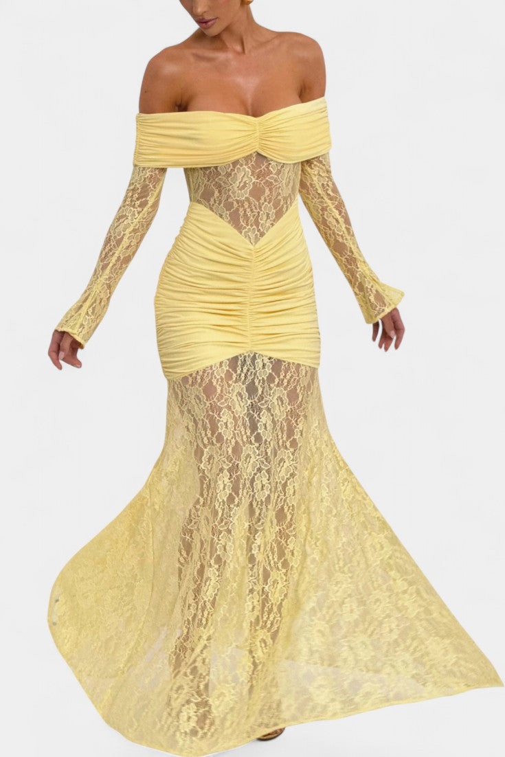 Bruma Vestido Maxi de Encaje con Ruches sin Tirantes