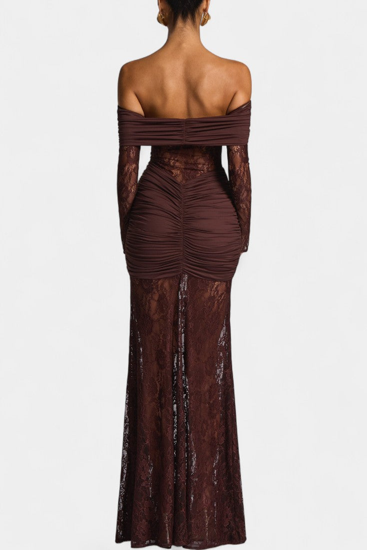 Bruma Vestido Maxi de Encaje con Ruches sin Tirantes