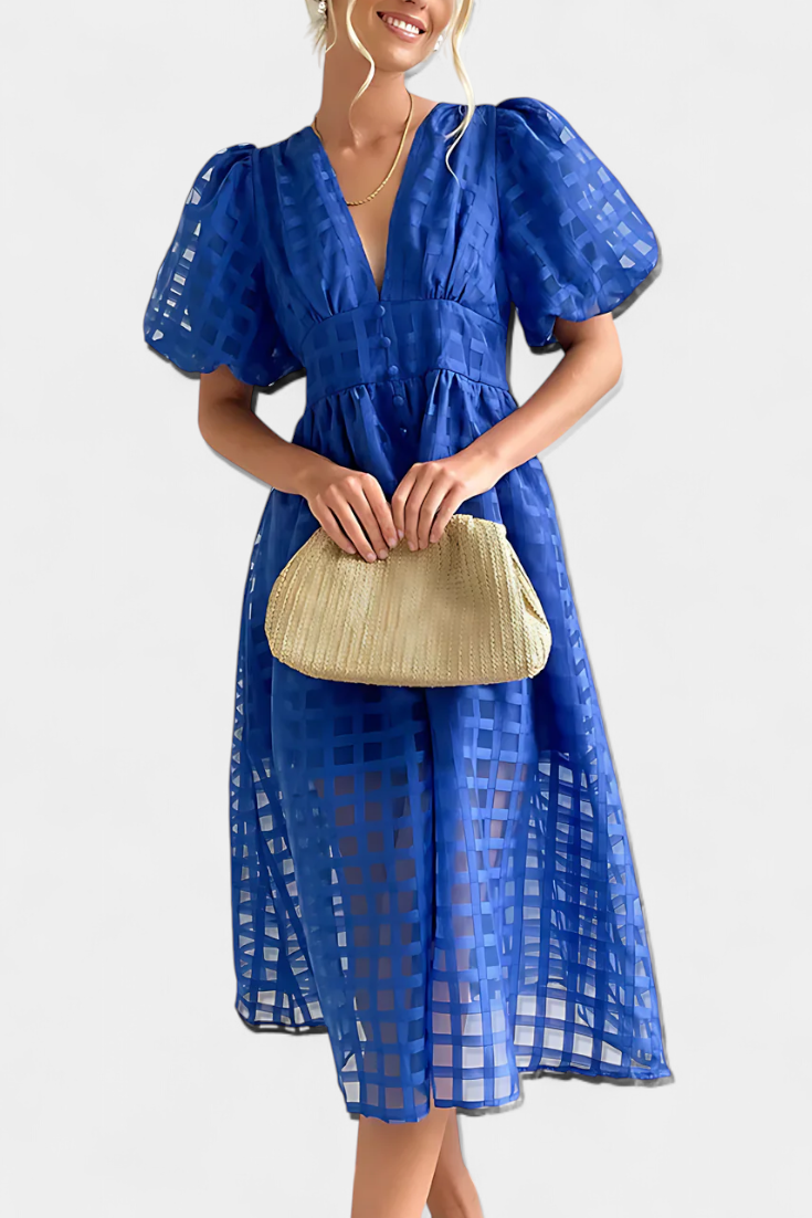 Marigold Vestido Midi de Manga Abullonada con Patrón de Cuadrados