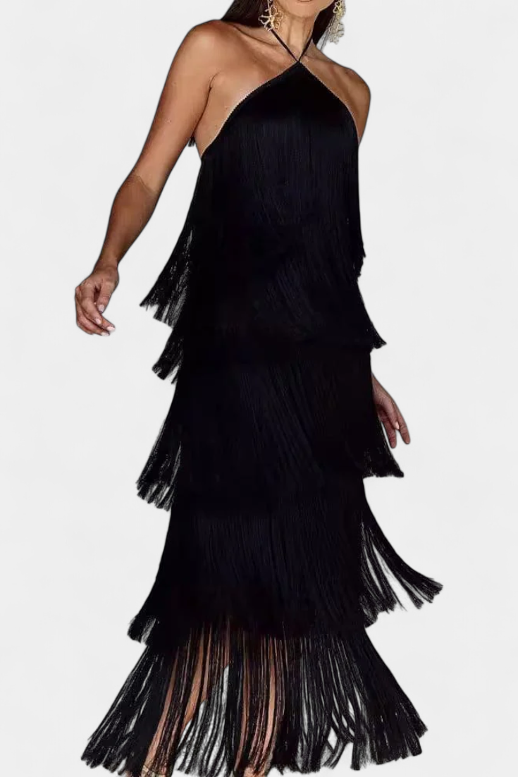 Saidey Vestido con Flecos y Espalda Descubierta