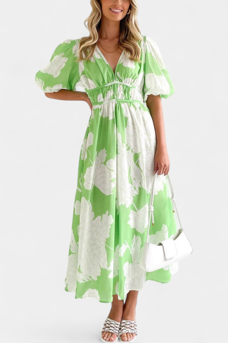 Wren Vestido Midi Floral con Escote en V y Mangas Abullonadas