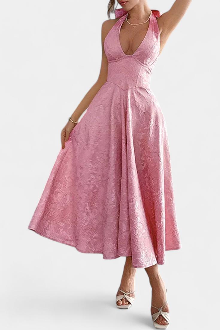 Gilda Vestido Midi Jacquard con Espalda Abierta y Cintura Alta