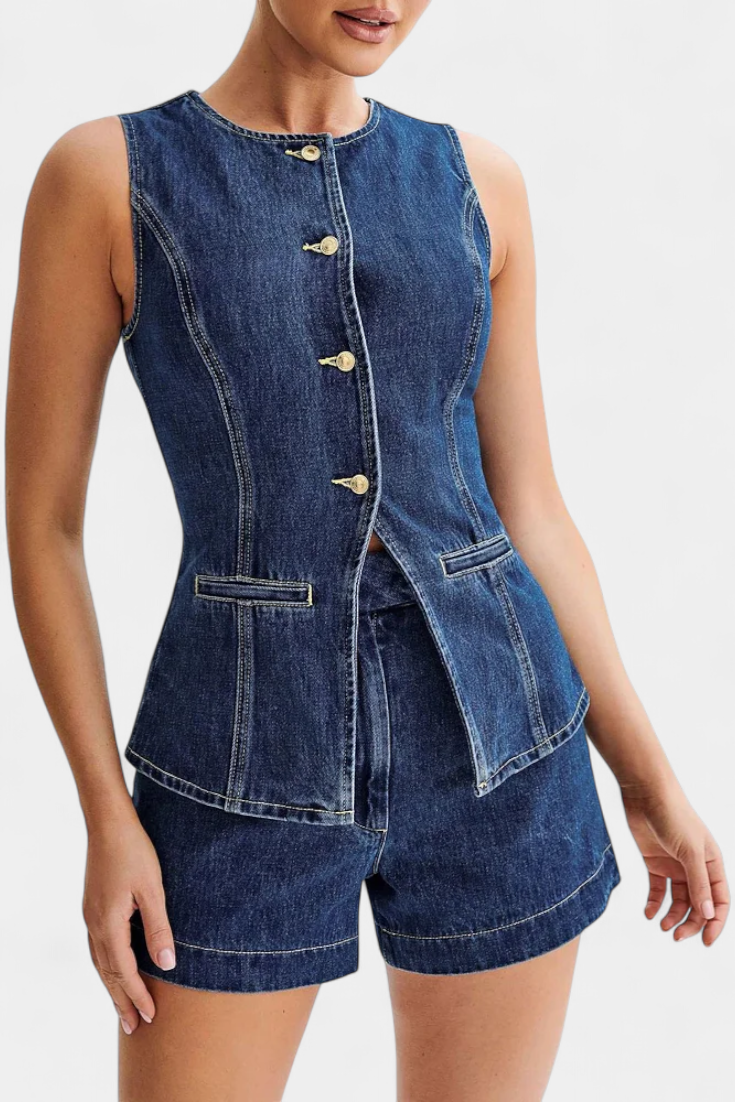 Raya Chaleco Denim sin Mangas y Shorts de Talle Alto