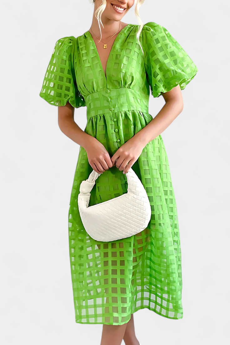 Marigold Vestido Midi de Manga Abullonada con Patrón de Cuadrados