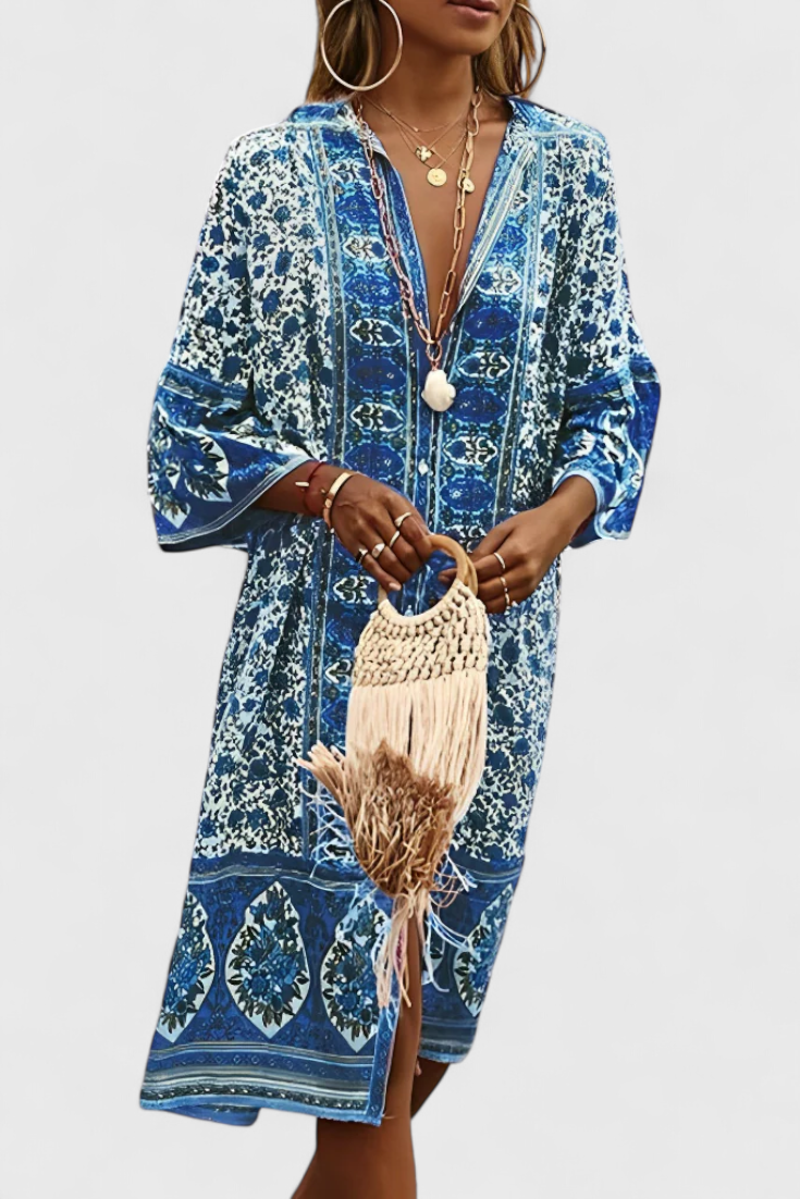 Chinara Vestido Largo Boho con Bordado Étnico y Silueta Relajada