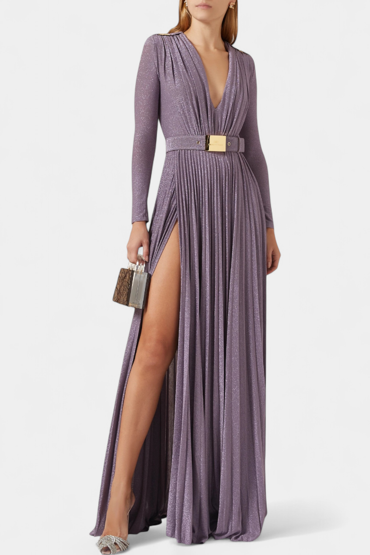 Raisa Vestido Largo Plisado con Escote Profundo