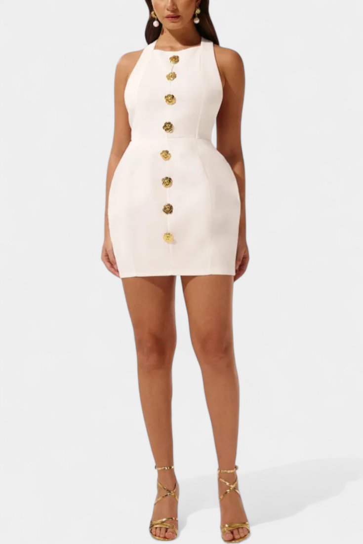 Yvonne Vestido Mini Escote Halter con Espalda Abierta y Detalle Floral