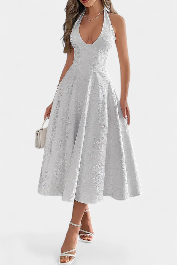 Gilda Vestido Midi Jacquard con Espalda Abierta y Cintura Alta