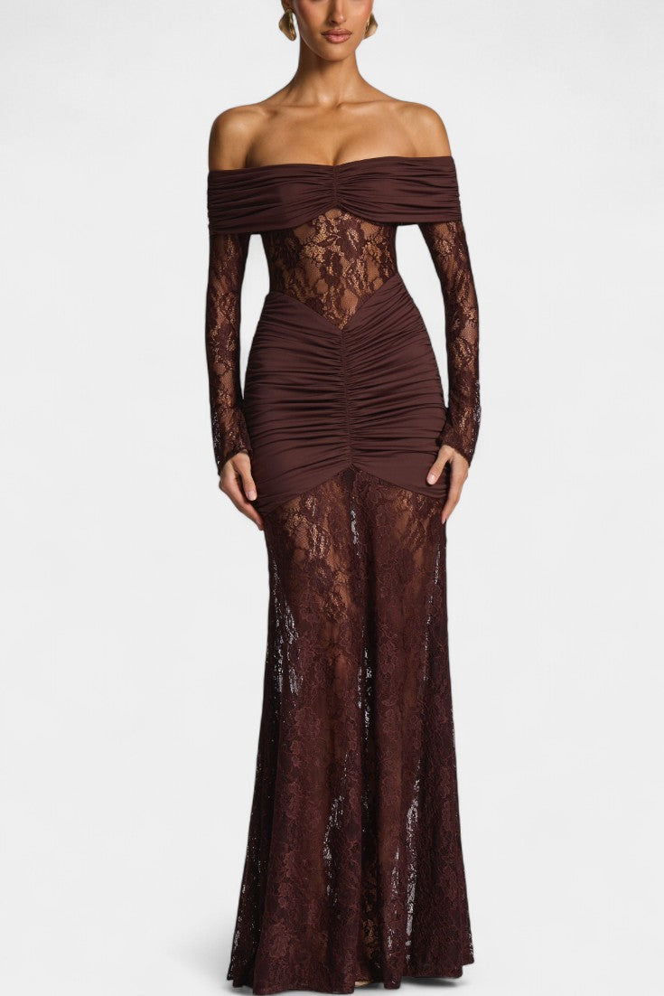 Bruma Vestido Maxi de Encaje con Ruches sin Tirantes