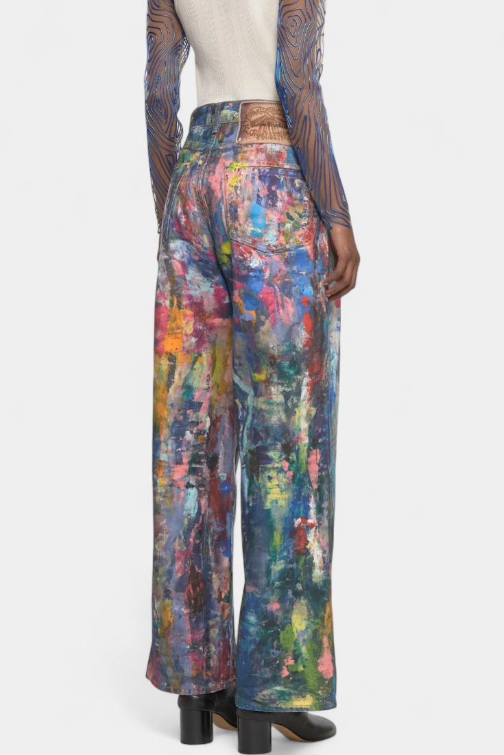 Rana Pantalones Vaqueros de Pierna Ancha con Estampado Artístico