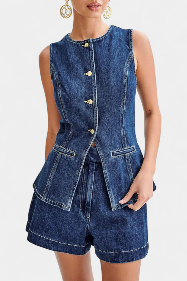 Raya Chaleco Denim sin Mangas y Shorts de Talle Alto