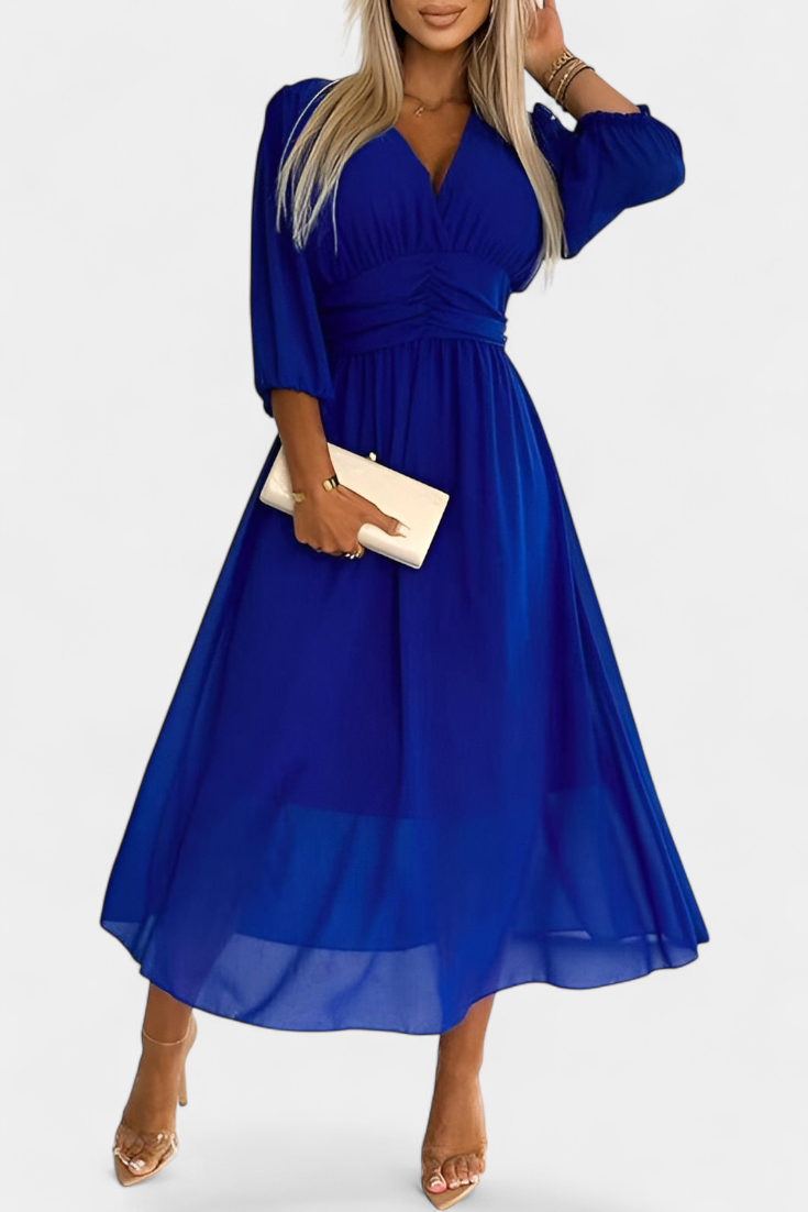 Dorina Vestido Midi Elegante con Escote en V y Mangas Livianas