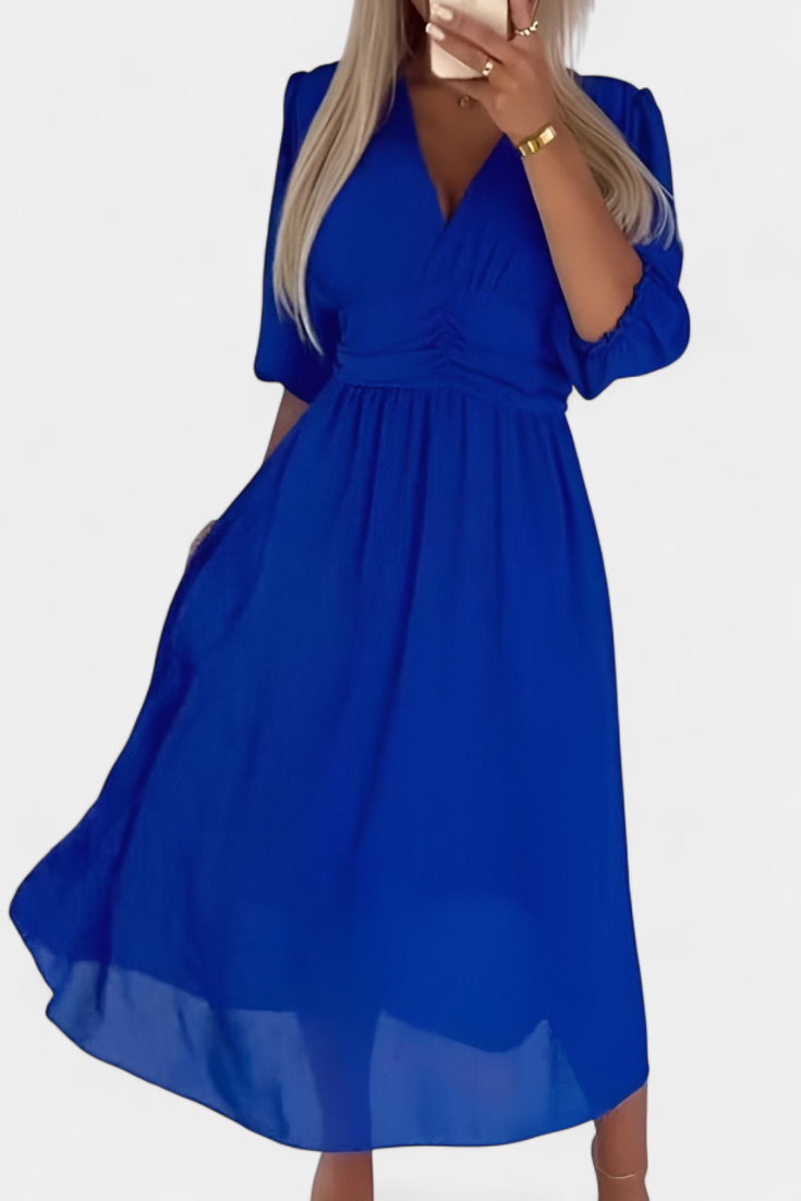 Dorina Vestido Midi Elegante con Escote en V y Mangas Livianas