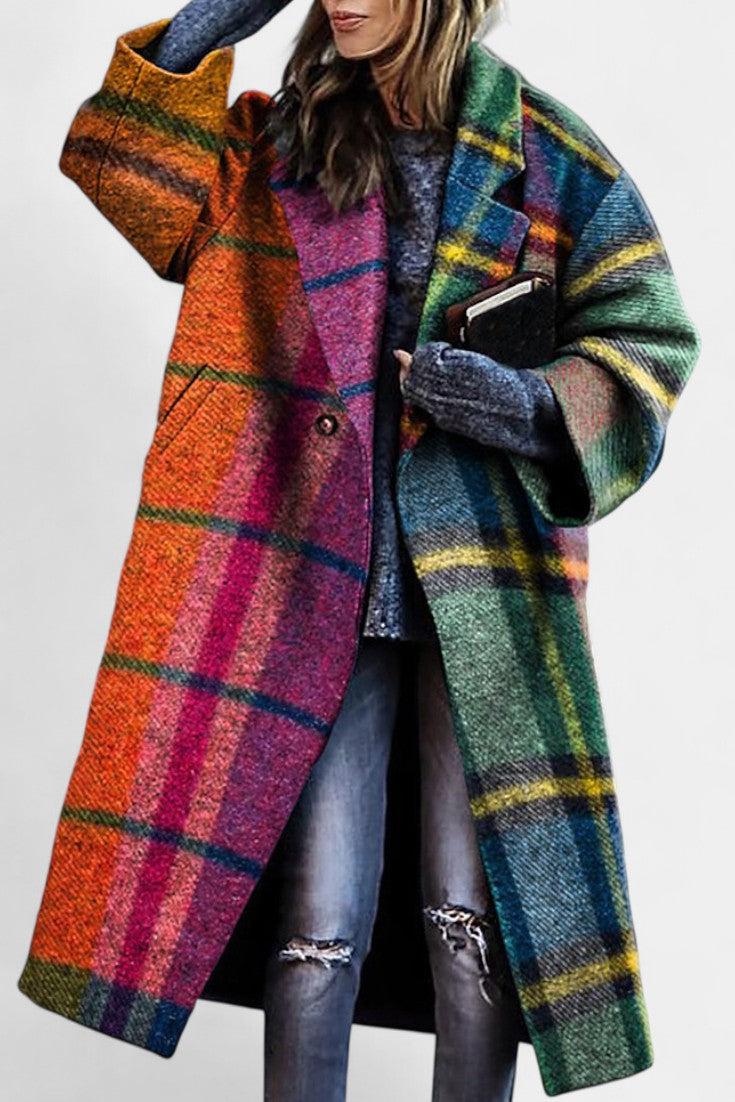 Suhana Vestido de Abrigo de Lana con Cuadros y Solapa