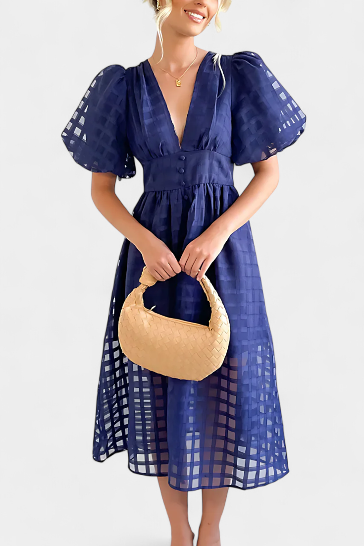 Marigold Vestido Midi de Manga Abullonada con Patrón de Cuadrados