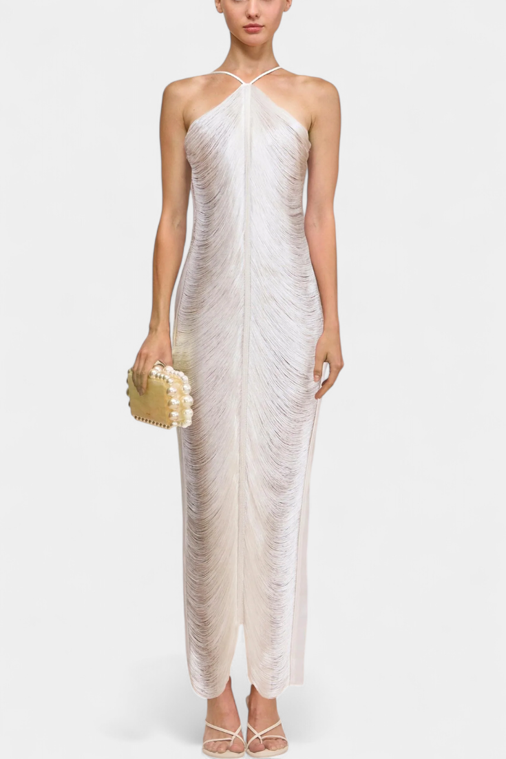 Jianna Vestido Halter con Flecos Metálicos