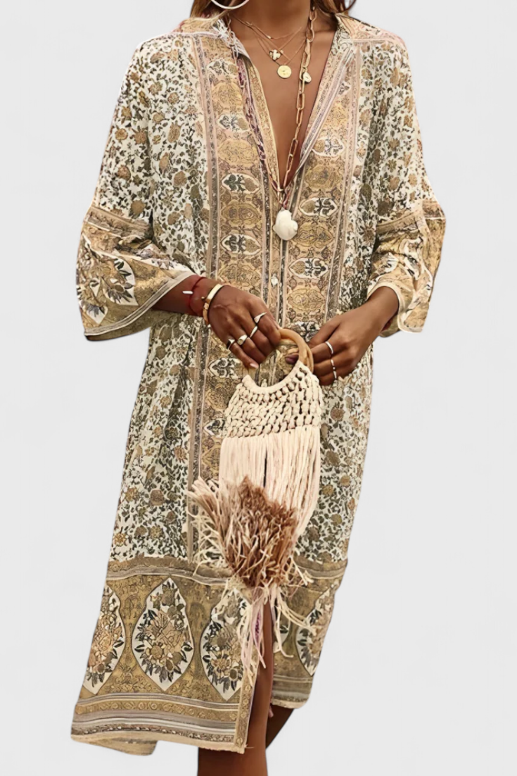 Chinara Vestido Largo Boho con Bordado Étnico y Silueta Relajada