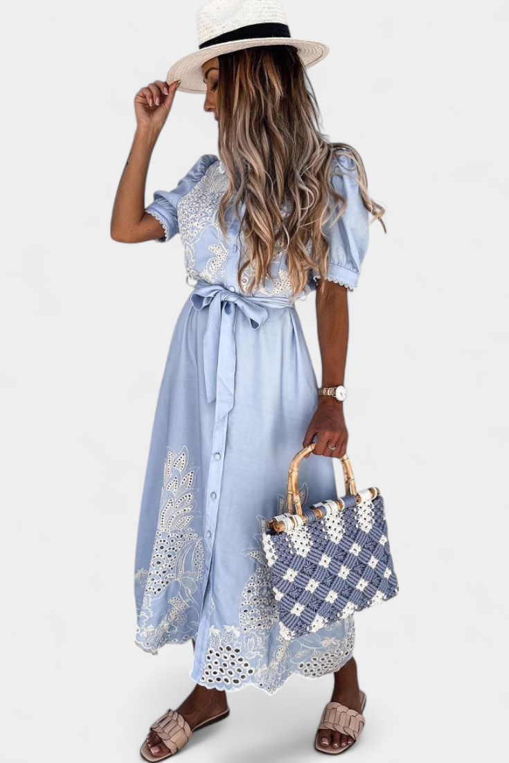 Nerea Vestido Camisero Bordado con Cinturón y Manga Abullonada