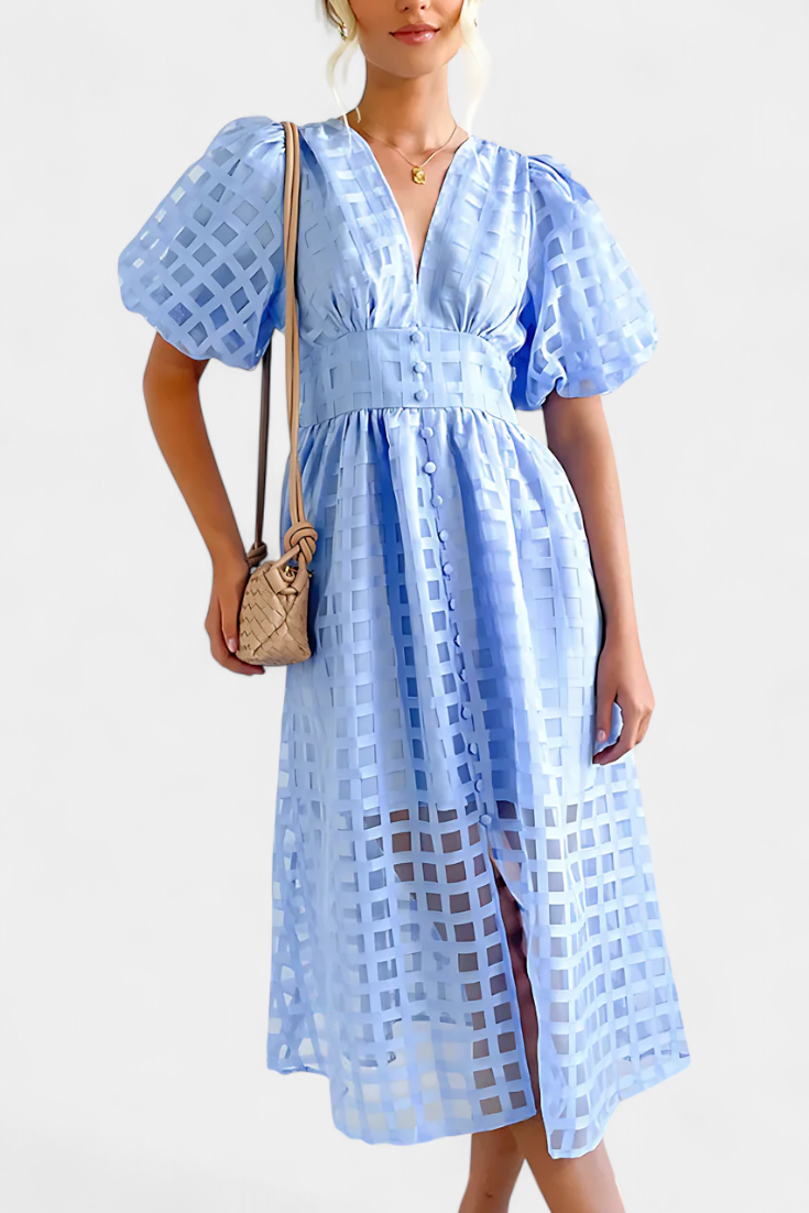 Marigold Vestido Midi de Manga Abullonada con Patrón de Cuadrados