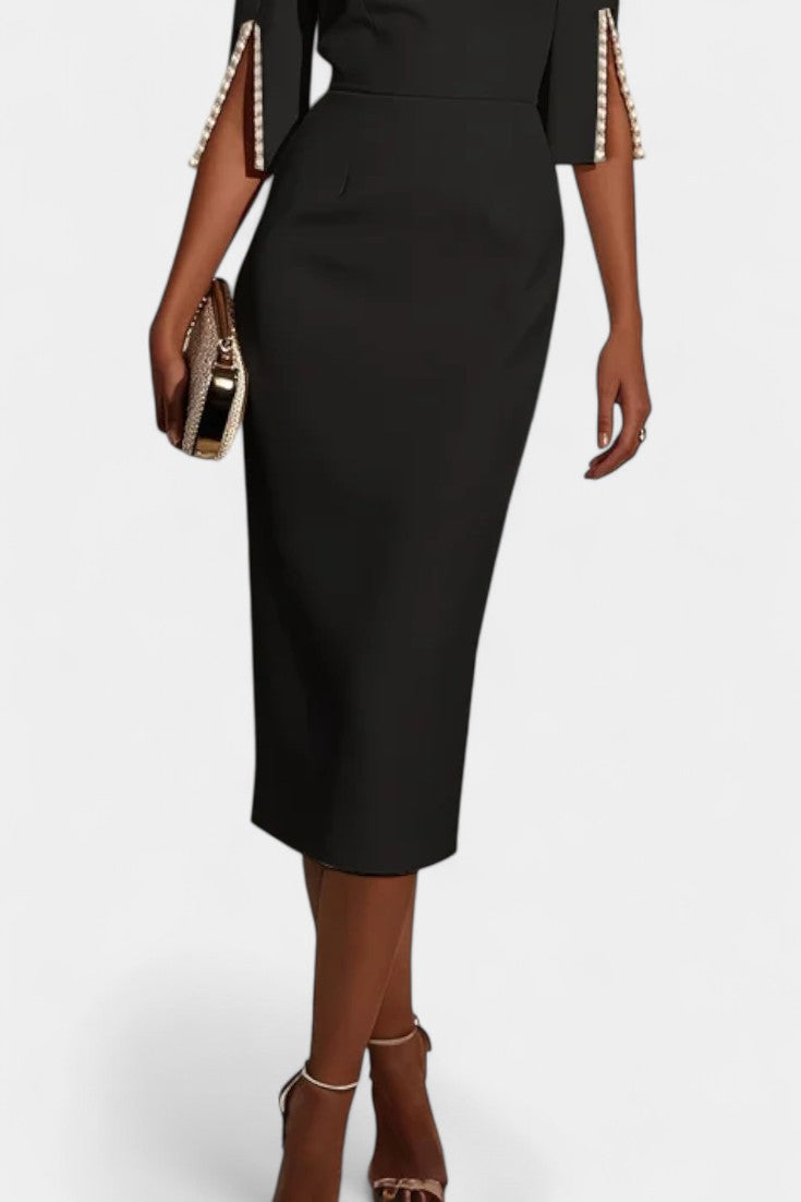 Reece Vestido Midi con Perlas y Cuello Redondo