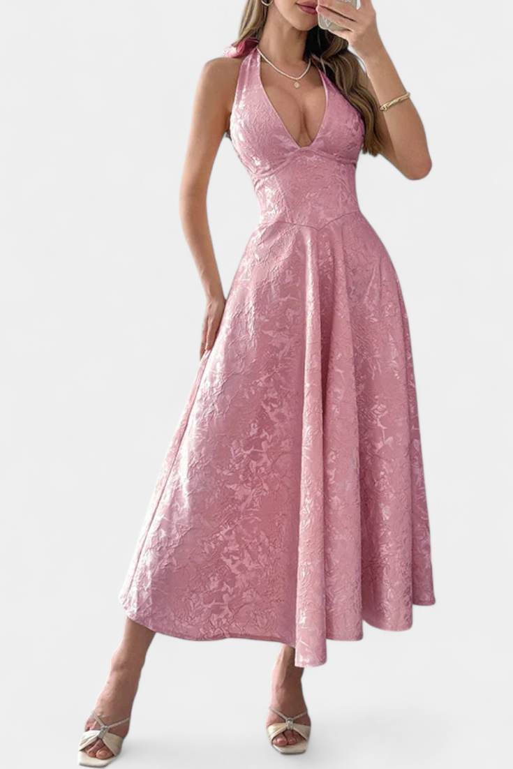 Gilda Vestido Midi Jacquard con Espalda Abierta y Cintura Alta