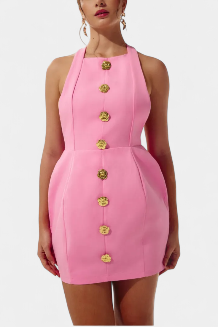 Yvonne Vestido Mini Escote Halter con Espalda Abierta y Detalle Floral