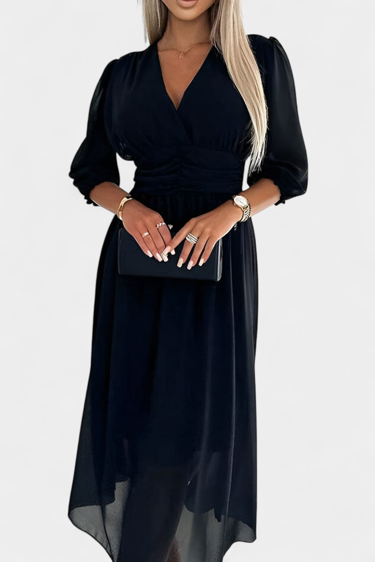 Dorina Vestido Midi Elegante con Escote en V y Mangas Livianas