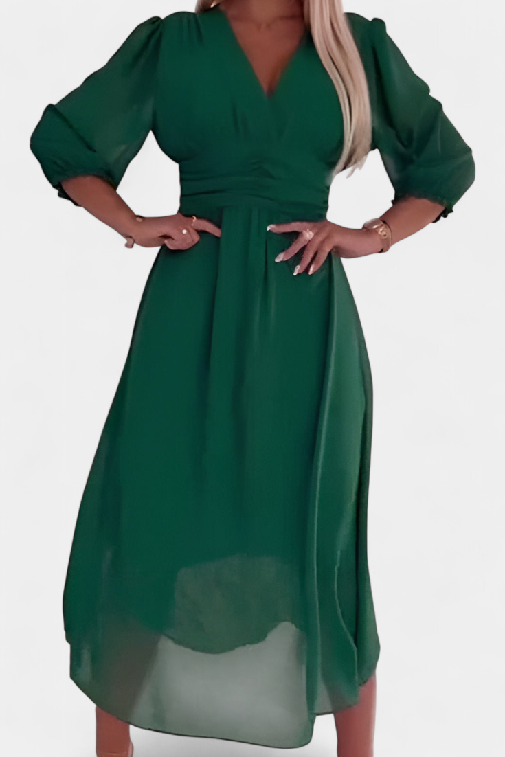 Dorina Vestido Midi Elegante con Escote en V y Mangas Livianas