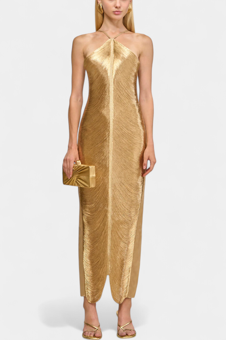 Jianna Vestido Halter con Flecos Metálicos