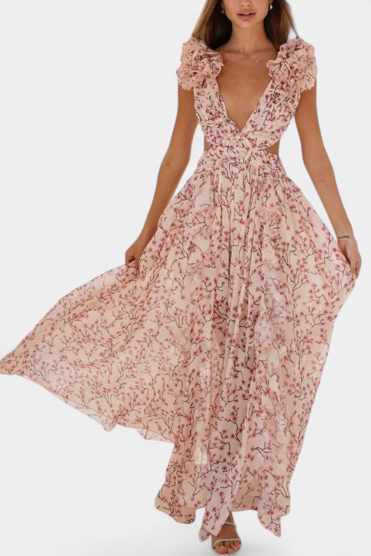 Zuleika Vestido de Chifón con Volantes y Aberturas Laterales