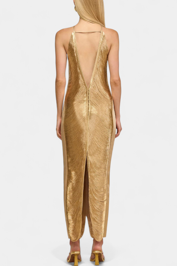 Jianna Vestido Halter con Flecos Metálicos